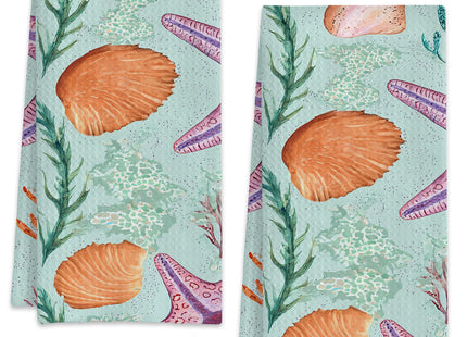 QCBBIRC Ocean Seashells and Starfish Hand Towels for Bathroom Set of 2,Soft Absorbent Waffle Weave Kitchen Towels Dish Towel,Decorative Bathroom Towel for Kitchen Yoga Home Decor 16X24 Inch