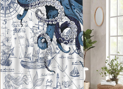 Mocsicka Nautical Octopus Shower Curtain Nautical Sailboat Octopus Bathroom Shower Curtain Nautical Coastal Waterproof Fabric Shower Curtain Bathtub Decor with 12 Hooks 72 X 72 Inch
