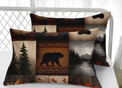 AILONEN Rustic Bear Fitted Sheet Set Twin XL Size,Cabin Plaid Hunting Bear Fitted Sheet with 2 Pillowcases,3 Pieces Wildlife Woodland Themed for Room Decor
