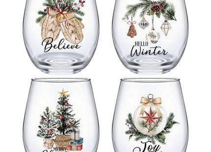Potchen 4 Pcs Christmas Stemless Wine Glasses 18oz Cups, Holly Tree