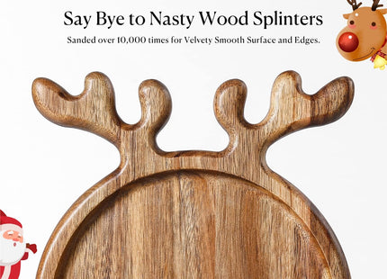 Dofira Acacia Wood Serving Platter, Christmas Decorative Reindeer Antler, 12"x10"Round Wooden Food Dish Display Plate, Charcuterie Board Tray for Cheese Fruit, Kitchen Gift for Mother’s Day (Gift Box)