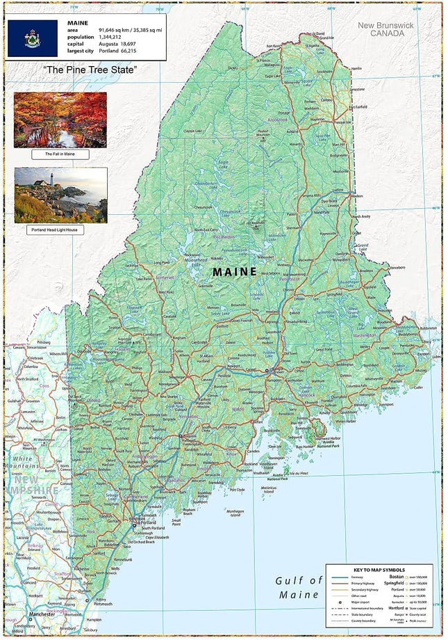 Maine Physical Map - 23.3 x 16.5 inches - Paper Laminated