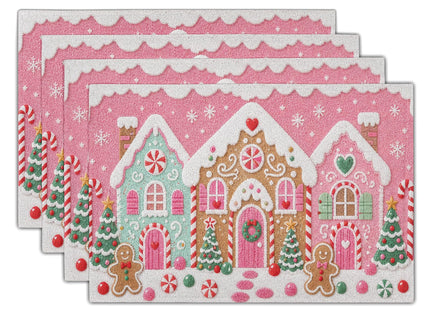 Christmas Gingerbread Placemats Set of 4 18x12 Inch Gingerbread House Xmas Tree Pink Linen Place Mats Heat-Resistant Wipeable Winter Holiday Table Mat for Party Kitchen Dining Room Dinner Table Decor