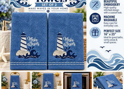 Coastal Guest Hand Bathroom Towels, Navy Make Waves Lighthouse, 16x25