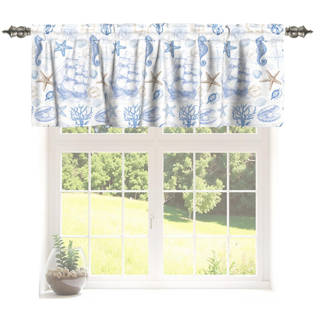 Nautical Kitchen Valances for Windows 54"x18" Blue Summer Coastal Short Curtains Beach Sailboat Seahorses Sea Shells Starfish Vintage Window Treatment Rod Pocket Valance for Living Room Decor