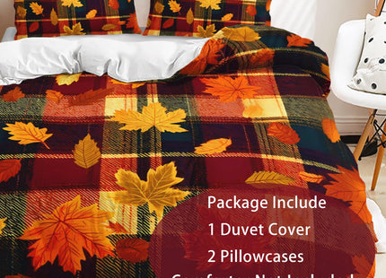 AILONEN Autumn Maple Twin Bedding Set 3 Piece, 1 Duvet Cover + 2 Pillowcases, Burnt Orange Leaves Dark Plaid Checks Golden Foliage for Rustic Cabin Bedroom