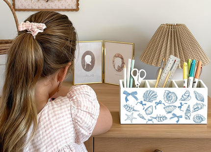 LIANGW Blue Preppy Beach Pen Pencil Holder for Desk, Beach Office Decor, Coquette Blue Bow Coastal Seashell Beachy Wooden Box Sign Decorations for Girly Room Bedroom Dorm Office Desk Tabletop