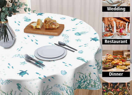 Ancordivo Summer Coastal Round Tablecloth 60 Inch Nautical Sea Turtle Seaweed Jellyfish Polyester Table Cloth Rustic Farmhouse Beach Theme Table Cover for Kitchen Dinner Party Decor
