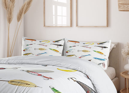 Ambesonne Fishing Duvet Cover Set, Several Fish Hook Equipment Objects Trolling Angling Netting Gathering Activity, Decorative 2 Piece Bedding Set with 1 Pillow Sham, Twin Size, White Gray