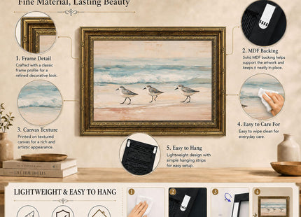 Vintage Gold Framed Coastal Sanderling Wall Art, Beach Bird Print, 16x12In