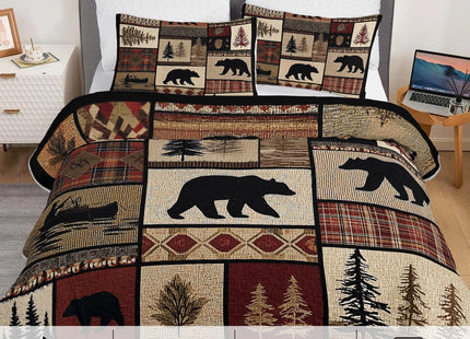 XYNHML Rustic Black Bear Quilt Bedding Queen 3Pcs Natural Forest Wild Hunt Animal Bear Canoe Bed Set Retro Tree Grid Pattern Bedspread Coverlet with 2 Pillowcases for Kid Boy Girl Teen Adult Bed Decor