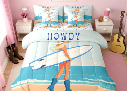 Erosebridal Coastal Cowgirl Twin Bedding Set 7 Piece for Girls,Surfing Surfer Girl Comforter Set with Sheets for Kids Teen,Ocean Surf Surfboard Bed in a Bag,Western Cowgirl Fitted Flat Sheet