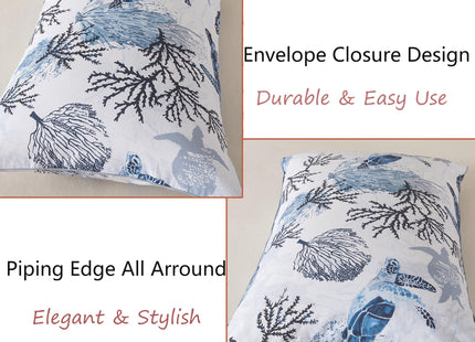 FADFAY Twin XL Sheet Set 4 Pieces, 100% Cotton Coastal Sea Turtle Bed Sheets, Soft Breathable College Bedding, Deep Pocket Fitted Sheet, Blue White Nautical Ocean Coral Seaweed Sheets for Dorm Room