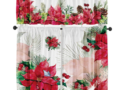 Cuteiush Christmas Poinsettia Valances for Kitchen Windows, Set of 3, Red and Green with Pinecone Butterfly, Rod Pocket, 52x18in and 36x26in x2, Multi-Room Decor, Digital Print