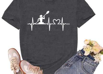 sallrue Kayaking Shirts for Women Kayak Kayaker Heartbeat Tshirts Nautical Boat Canoe Lover Tee Tops Grey
