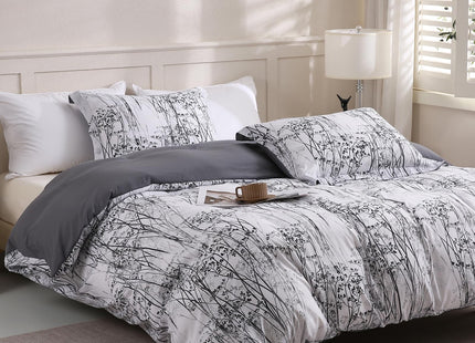 LONAVA Queen Botaincal 3 Pcs Duvet Cover Set, Breathable Soft Microfiber Deep Grey Lining Comforter Cover with Zipper Closure, and 2 Anti-Pilling, Fade Resistant Pillowcases, Winter Forest