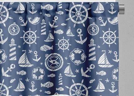 Ambesonne Sailboat Valance & Tier Curtain 3 pcs Set, Diagonal Hatched Nautical Elements Ship's Wheel Anchor and Marine Animals, Window Treatments for Room Kitchen Decor, 55" x 24", Blue and White