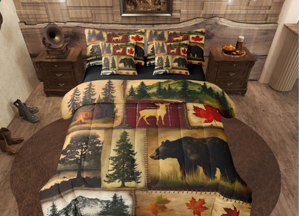 Erosebridal Rustic Farmhouse Comforter Set 7 Pcs Twin,Retro Cabin Lodge Down Comforter,Hunting Bear Deer Bed in a Bag,Country Maple Leaves Duvet Insert,Rustic Woodland Pine Tree Sheets,Red Brown