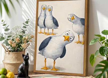 Framed Funny Seagull Bird Canvas Wall Art, Whimsical Nosy Coastal Birds Pictures Wall Decor, Cute Beach Animal Poster Prints Eclectic Home Decor for Living Room Bedroom Bathroom 12x16 inch