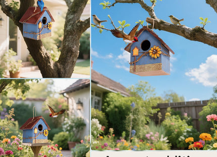 DEWEL Bird Houses for Outside Clearance, Hanging Birdhouses for Outdoors, Garden Wooden Blue Bird Houses for Outdoors, Bird Nesting Box for Bluebird Finch Swallow Wren Chickadee, Gift for Bird Lovers