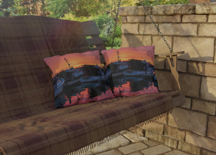 Lobster Boats in Maine Harbor Outdoor Pillow - Double-Sided with Vibrant Colors