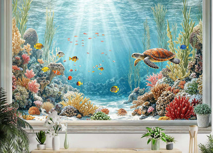 Lifeella Under the Sea Window Tapestry, Coastal Turtle Ocean Mural, Nautical Wall Backdrop for Bedroom Dorm Living Room Decor, 36x48 inches