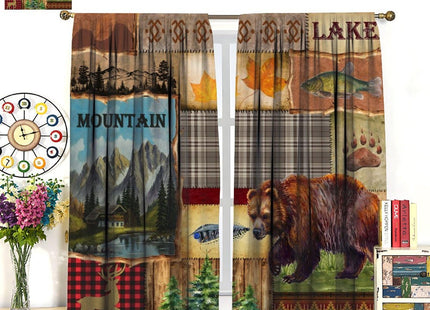 AAVEUP Vintage Bear Moose Curtains,Rustic Old Grid Pine Forest Hunting Lodge Bear Deer Bass Fishing Animals Window Treatments Drapes for Living Room Bedroom Kitchen 42x45in（No Blackout）