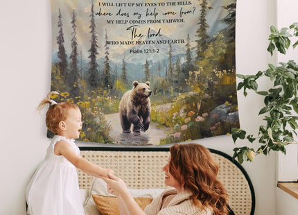 WAITPI Christian Woodland Mountain Hanging Wall Tapestry for Bedroom, Farmhouse Bear Forest Psalm 121:1-2 Bible Verse Scripture Wall Hanging Decor Tapestry for Home Living Room, 50x60in
