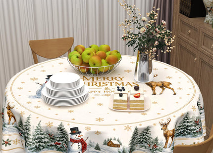 Merry Christmas Tablecloth Round 60 Inch Xmas Snowman Deer Pine Tree Table Cloth Circle Dust-Proof Washable Wipeable Winter Holiday Table Cover Polyester Tabletop for Dining Kitchen Picnic Party Decor