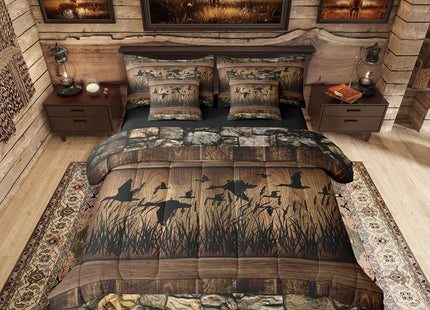 Erosebridal 7 Piece Mallard Duck Hunting Bedding Farmhouse Full Comforter Set with Sheets | Rustic Cabin Bed in A Bag for Kids Boys Teen Men,Brown Country Wooden Stone Bed Set Lodge Home Decor