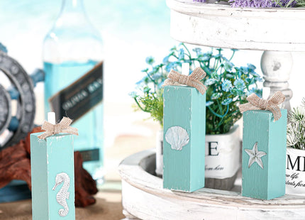 Seeloowy 3 Pcs Beach Decor for Home Office Summer Beach Theme Table Decorations Seahorse Starfish Seashell Wooden Sign Coastal Ocean Tabletop Centerpieces for Bathroom Patio Desk Mantel Tiered Tray