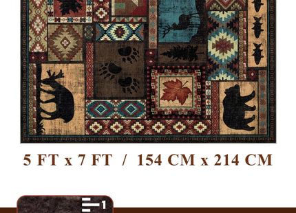 YIHOUSE Rustic Cabin Area Rug 5x7,Machine Washable Lodge Bear Rug,Non-Slip Low Pile Print Pattern Southwestern Rug for Living Room Bedroom
