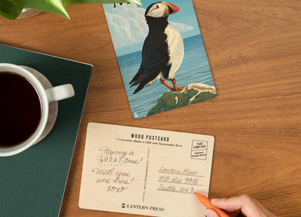 Maine, Puffin on Rock Scene (4x6 Birch Wood Postcards, 2-Pack Stationary, Rustic Home Wall Decor)
