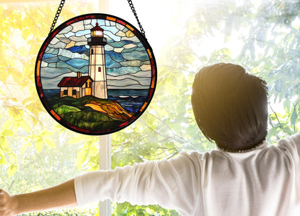 DASTOLL Stained Glass Window Hanging, Ocean Lighthouse Sun Catchers Glass Panel Blue Green Suncatcher Decor for Birthday for Women, Men, Wife, Aunt, and Mom 6.3 in