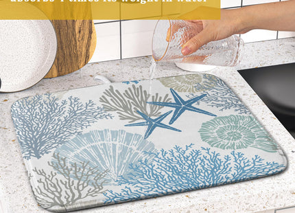 Lvhompro Nautical Dish Drying Mat for Kitchen Counter Coastal Seashell Starfish Summer Microfiber Absorbent Dish Draining Reusable Washable Foldable 16"x18"