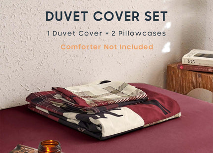 Wake In Cloud - Rustic Duvet Cover Set, Cabin Christmas Lodge Western Country Bear Deer Holiday RV Outdoor Winter Theme, Soft Lightweight Bedding, 3-Piece, Burgundy Black, King Size