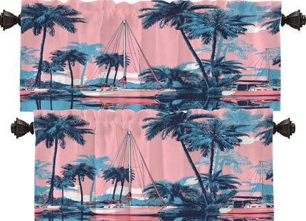 Shrahala Beach Getaway Seaside Ity Blackout Short Curtains for Windows, Nautical Charm Palm Lined Shore Kitchen Valance Thermal Insulated Rod Pocket Window Treatment for Bathroom 2 Pack 52 X 16 in