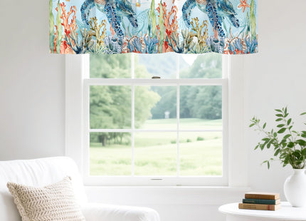 Zedliyu Sea Turtle Valance for Windows,Window Treatment Curtains Rod Pocket Sheer Small Short Valance for Kitchen Bathroom Laundry Basement,42Wx12L inch,Nautical Starfish