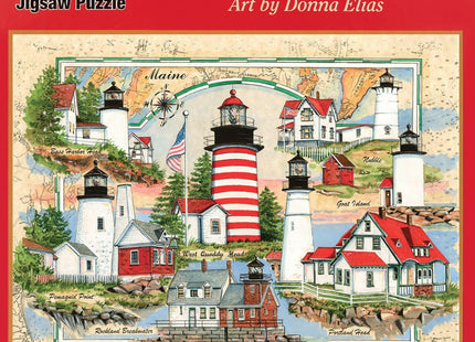 Heritage Puzzle Lighthouses of Maine Jigsaw Puzzles for Adults 550 Pieces, 24"" x 18"" - Coastal Landmark Collage with Nautical Chartmap - Scenic Lighthouse Art by Donna Elias Made in U.S.A.