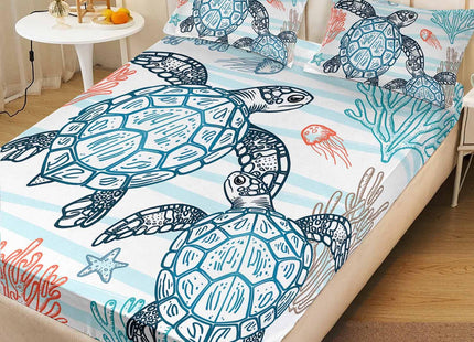 HOSIMA Beachy Sea Turtle Bedding Set Queen,1 Fitted Sheet+2 Pillowcases.