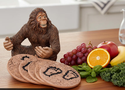 Pine Ridge Rustic Chic Drink Coaster Set with Holder for the Man Cave Old West Decor Rustic Hunter Cabin Theme Cabin Dining Furniture Gun Gifts for Men (Bigfoot Sasquatch Brown)