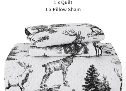 PPOLCA Rustic Twin Quilt Bedding Set, Christmas Lightweight Reversible Cabin Deer Bedspread Coverlet, 2-Piece Lodge Bed Cover Quilt with 1 Pillow Sham for All Season, White and Black
