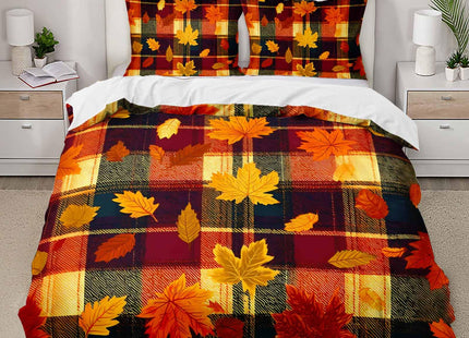 AILONEN Autumn Maple Twin Bedding Set 3 Piece, 1 Duvet Cover + 2 Pillowcases, Burnt Orange Leaves Dark Plaid Checks Golden Foliage for Rustic Cabin Bedroom