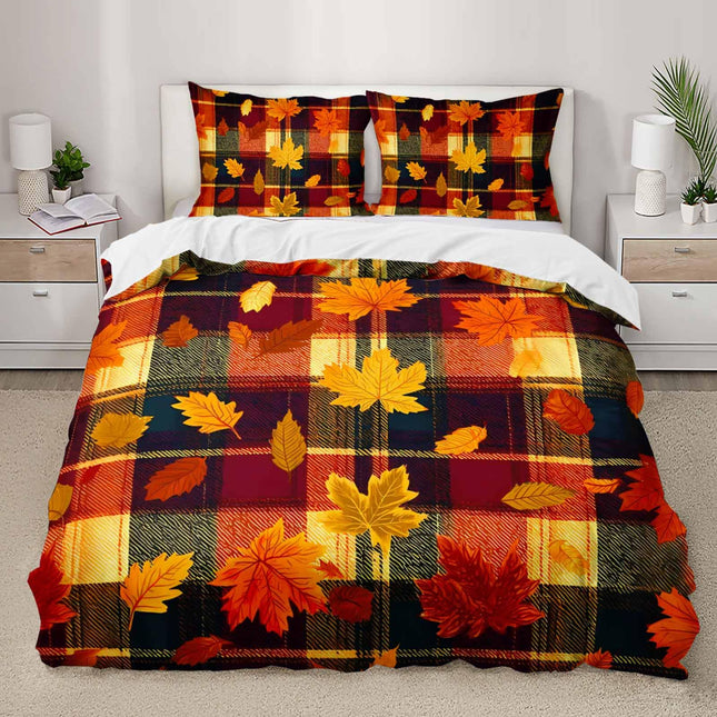 AILONEN Autumn Maple Twin Bedding Set 3 Piece, 1 Duvet Cover + 2 Pillowcases, Burnt Orange Leaves Dark Plaid Checks Golden Foliage for Rustic Cabin Bedroom