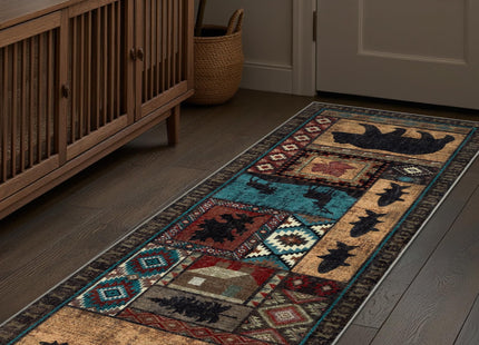 Hallway Runner Rug 2x6 Indoor Door Mat - Bear Rustic Cabin Non-Slip Entryway Rug, Low Pile Tribal Print for Kitchen, Bedroom