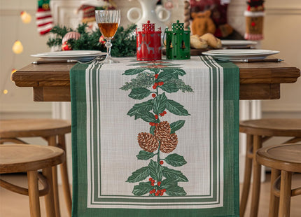 Midsummer Breeze Christmas Table Runner – Pinecone & Holly Design, 18”x90” inches Long, Winter Dining Holiday Décor-Green