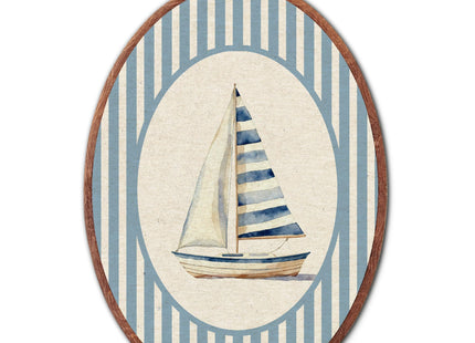 Vintage Sailboat Nursery Oval Wall Art Framed, Blue Striped Framed Canvas