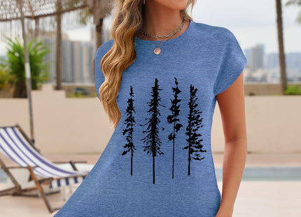 Women's Graphic Tee Funny Tree Shirt Cap Sleeve Mountain Tshirt Novelty Vintage Tops Summer(Blue Pine Tree,XL)
