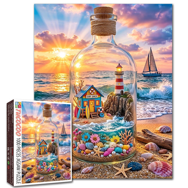 Seaside 1000 Piece Jigsaw Puzzle for Adults Beach Lighthouse in Glass Bottle Scene Puzzle Colorful Ocean Sunset Sailboat Artwork Relaxing Challenging Fun Puzzles 19.7 x 27.6 Inches Gift Home Decor