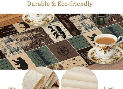 Country Rustic Farmhouse Deer Table Runner Tabletop Cover Vintage Cabin Bear Mountain Hunting Wild Animal Plaid Checkered Printed for Kitchen Dining Room 13x72 Inch